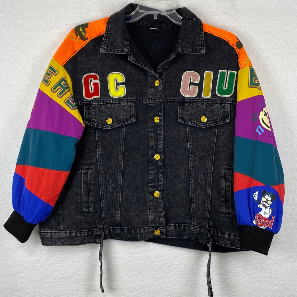 Acid Wash Denim Colorblock Graphic Patchwork Jacket Black Multi Streetwear L/XL